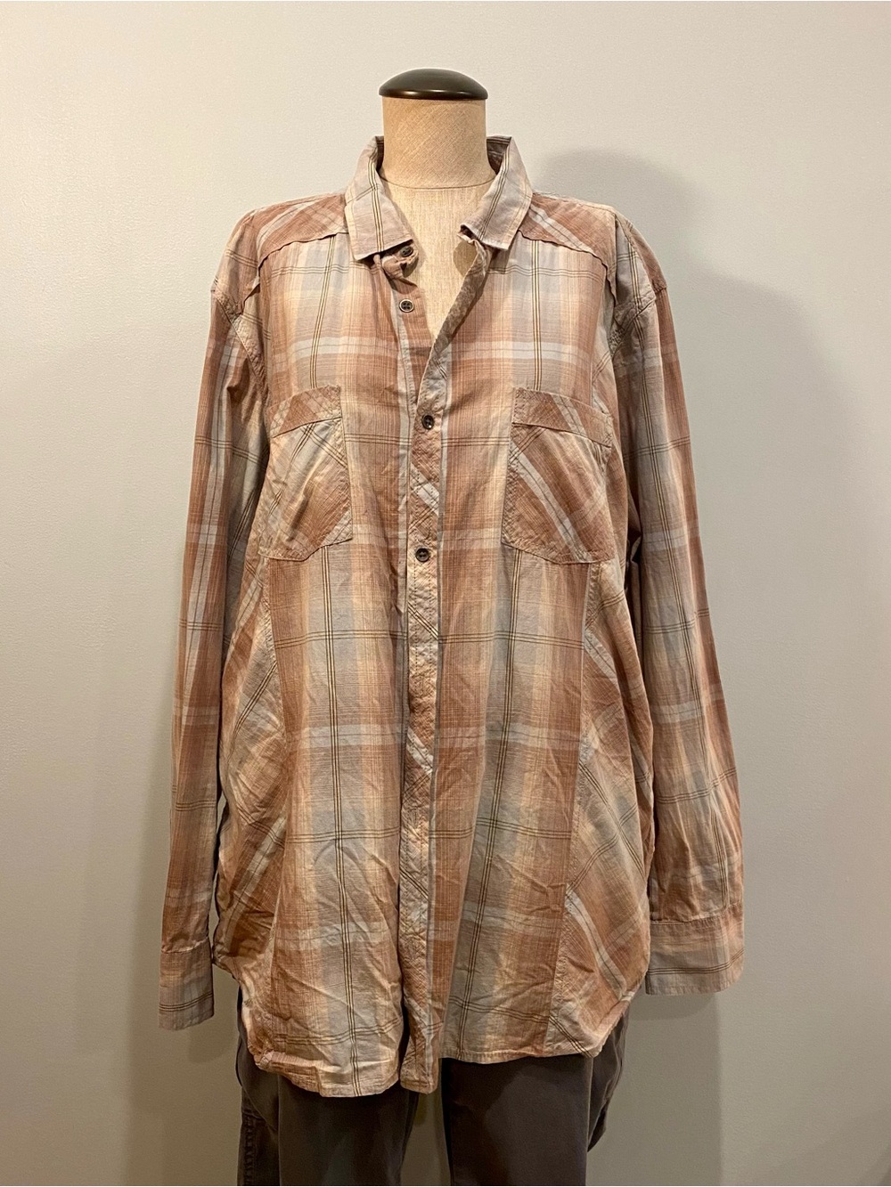 INC International Concepts Men's Long-Sleeve Plaid Shirt in Beige, Tan and Blue.